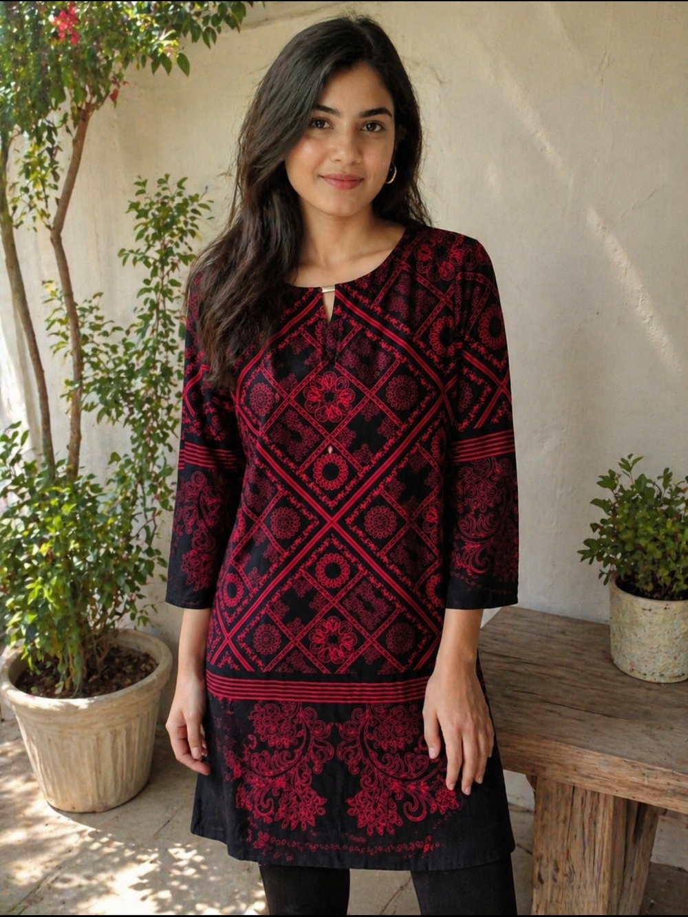 Women's Black & Red Patterned Mini Dress